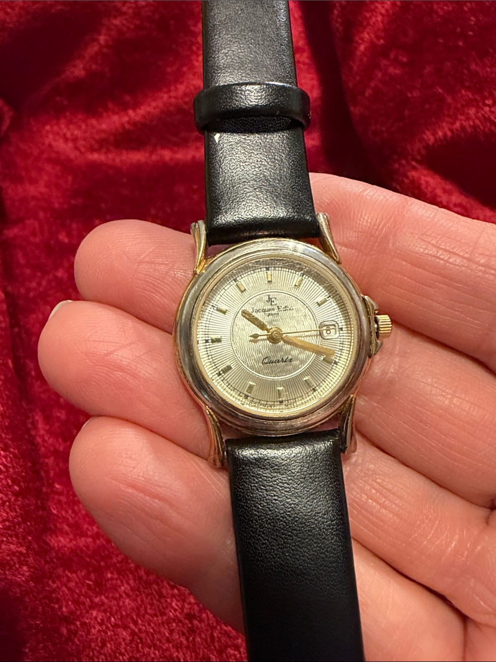 Jacques Edho like new  2tone Ladies Quartz Watch wLeather band needs$10 battery